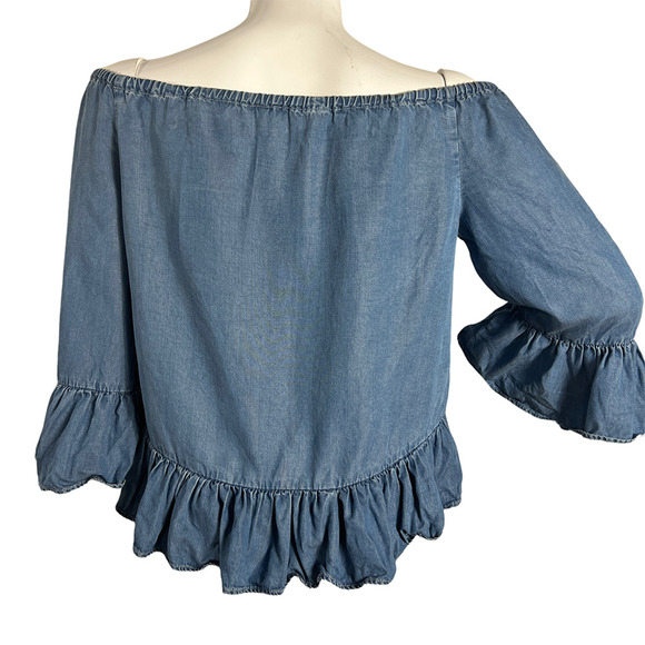 ZARA Women's Denim Ruffle Crop Top Blouse Bell Sleeve Light Blue Size XS - Picture 2 of 7